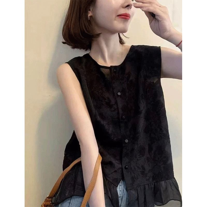 Jacquard Sleeveless Shirt for Women 2025 Summer New Korean Style Fashionable Mesh Ruffled Loose and Versatile Top