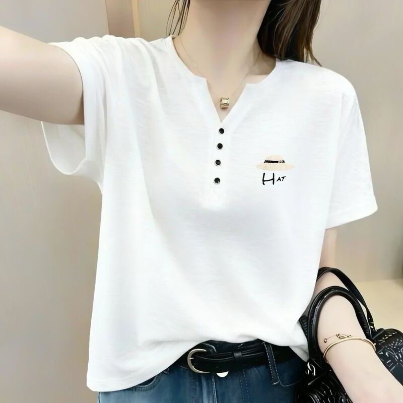 New Fashionable Button-Down V-Neck Versatile Printed Short-Sleeve T-Shirt for Women, Plus Size, Summer Loose Fit, Slimming Top