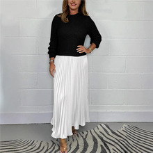 2025跨境独立站欧美外贸新款_秋冬女士圆领上衣坑条百褶连衣裙厂