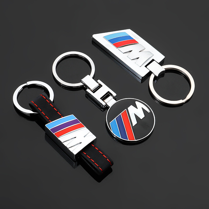 Cross-Border double-sided H buckle M three-color sports logo car modification car logo leather car metal keychain ring pendant