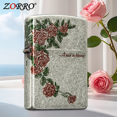 ZORRO佐罗古银彩印深情玫瑰煤油打火机黄铜彩绘翻盖防风砂轮创意~