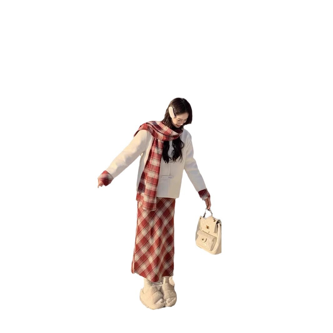 프랑스 달콤한 세트 여성의 가을 2024 새로운 중국 퀼트 울 재킷 레드 롱 원피스 스카프 3 피스 세트