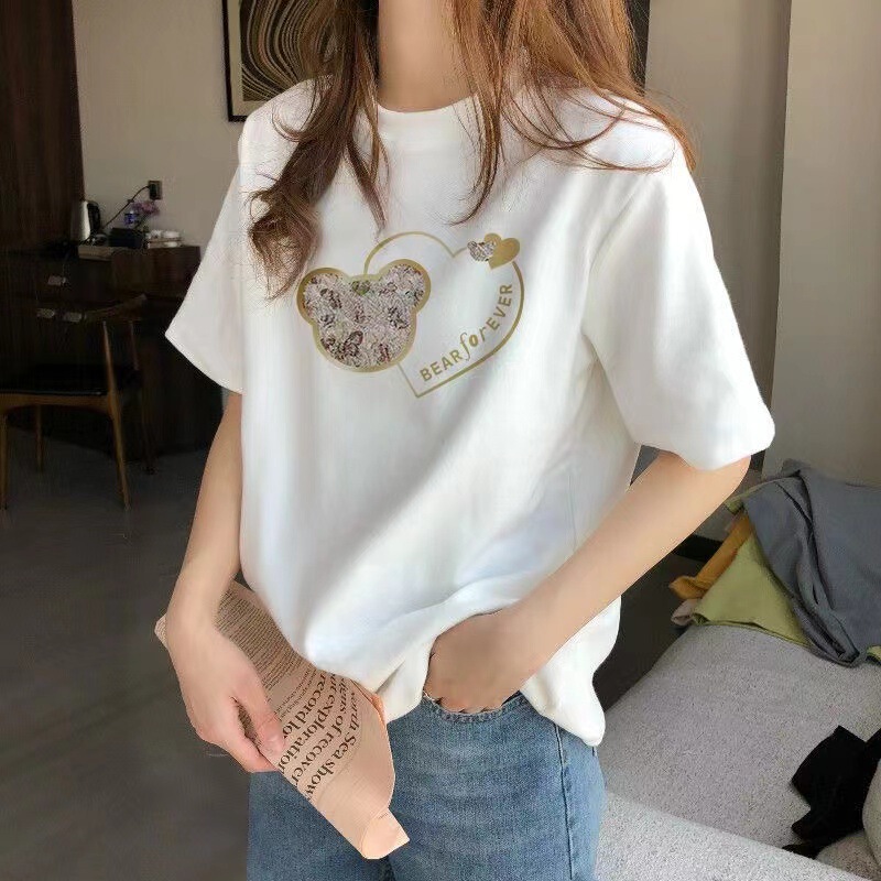 正肩纯棉短袖t恤女夏季薄款年新款宽松白色t桖显瘦半袖上衣潮|undefined