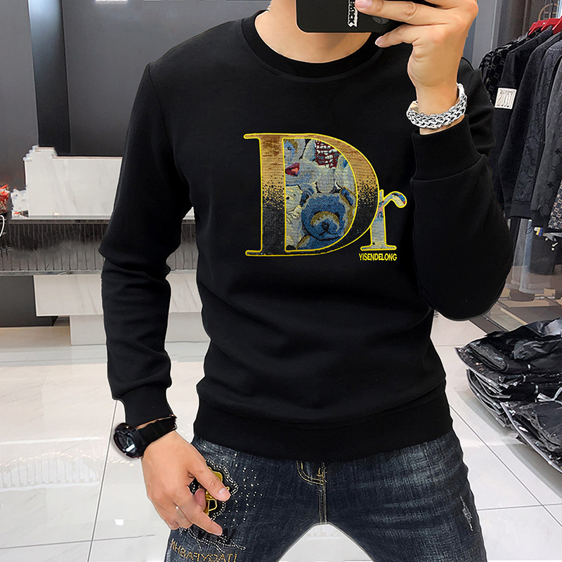 Felpa con cappuccio di lusso leggera di alta qualità con ricamo a forma di orsetto in tessuto con paillettes, maglietta da uomo di base di moda europea_voghion.com