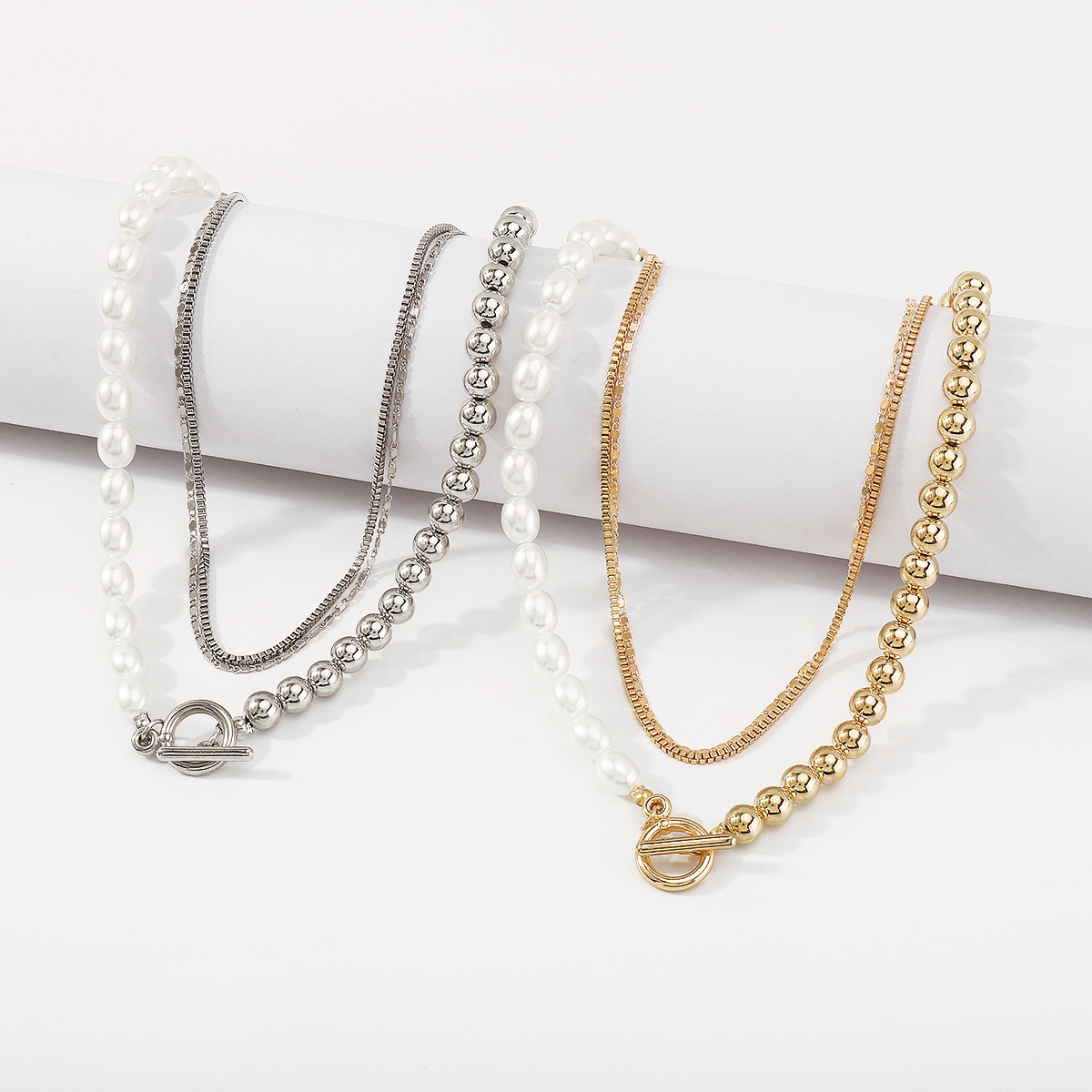 Vintage Style Geometric Alloy Layered Artificial Pearls Necklace