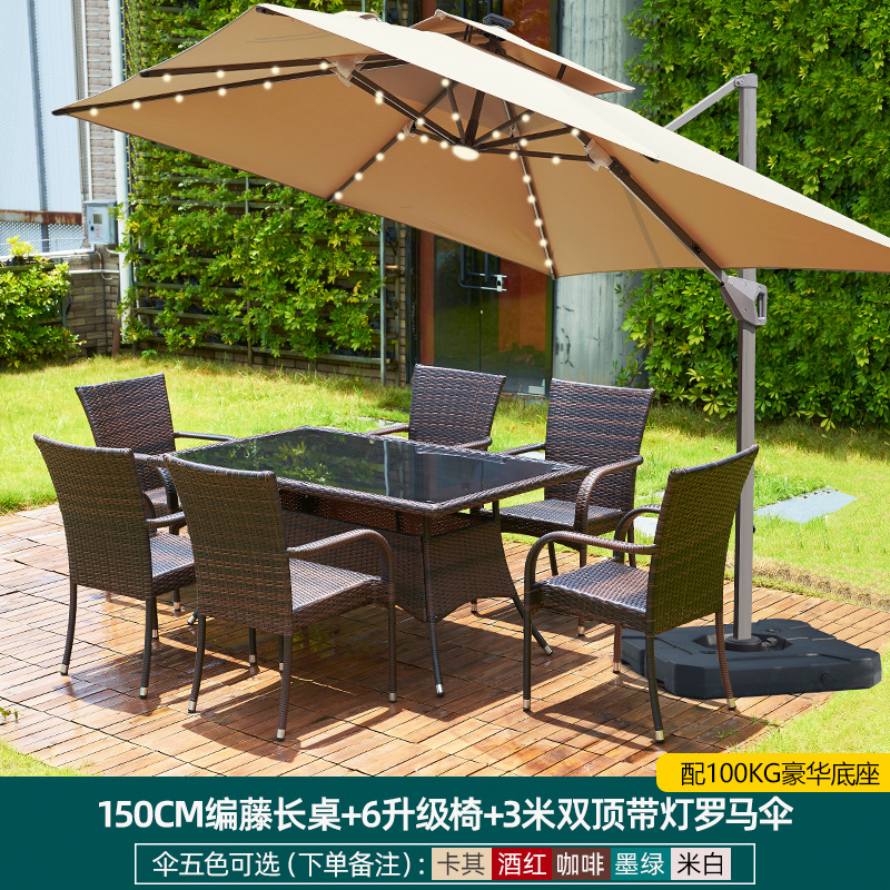 [태양광] 150개의 등나무 긴 테이블 + 업그레이드된 의자 6개 + 조명이 있는 이중 상단 로마 우산 3m개