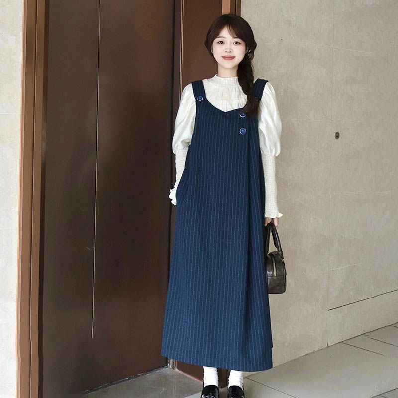 两件/套装校园风甜美藏青色毛呢背心连衣裙子女学生+蕾丝花边衬衫|undefined
