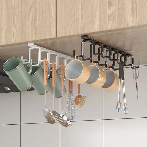 Hole-free kitchen utensil rack cabinet iron double-row cup hooks large capacity spoon and spatula storage rack