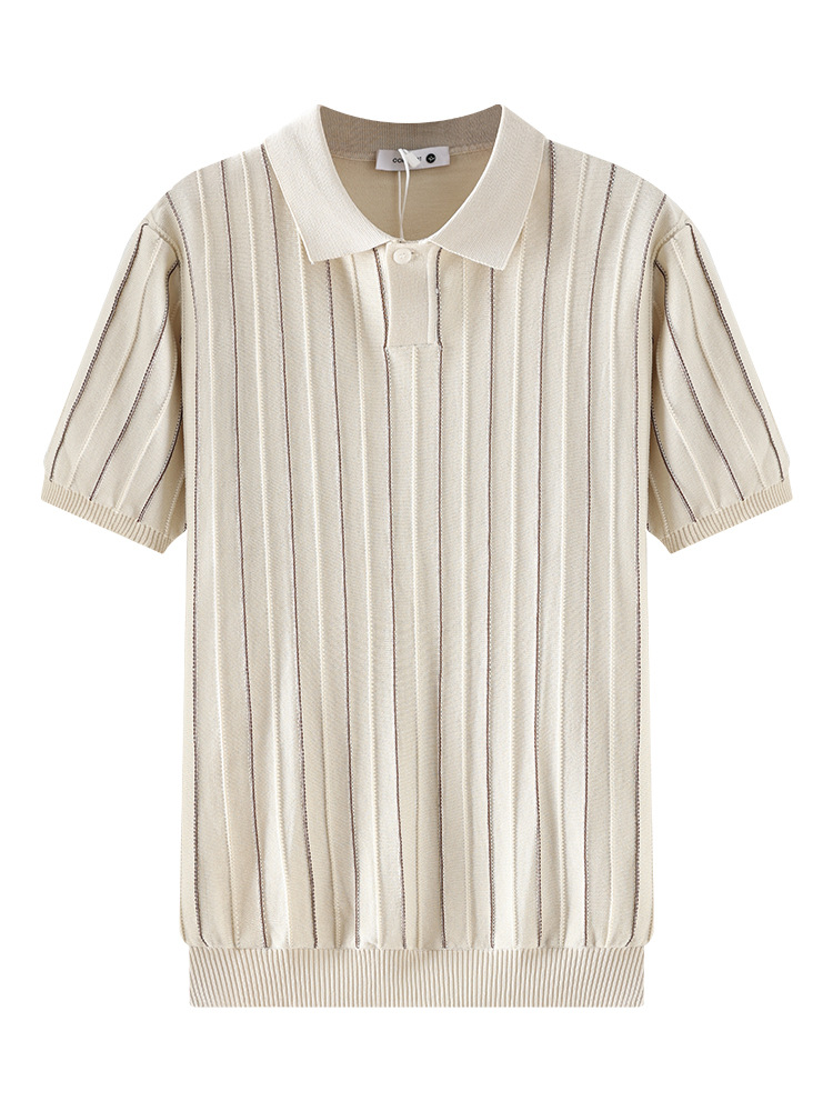 Polo de seda de hielo de hombre, camiseta de alto nivel, camiseta de negocios, camiseta de polo, tela de rayas, camiseta de punto de manga corta para hombres