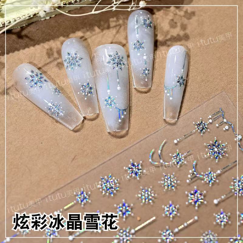 Nuevo colorido cristal de hielo de nieve relieve pegatinas de uñas de invierno Navidad láser de uñas diamante pequeño patrón de copo de nieve