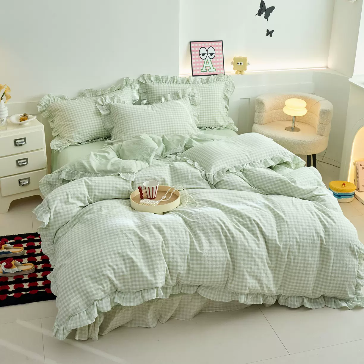 新款韩版纯棉四件套花边款格子小碎花公主风学生三件套床上用品
