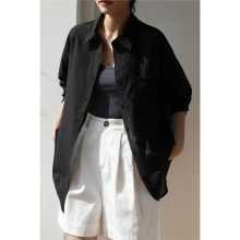 实拍2025春夏白色天丝衬衫女宽松设计感慵懒风透视外搭防晒衬衣