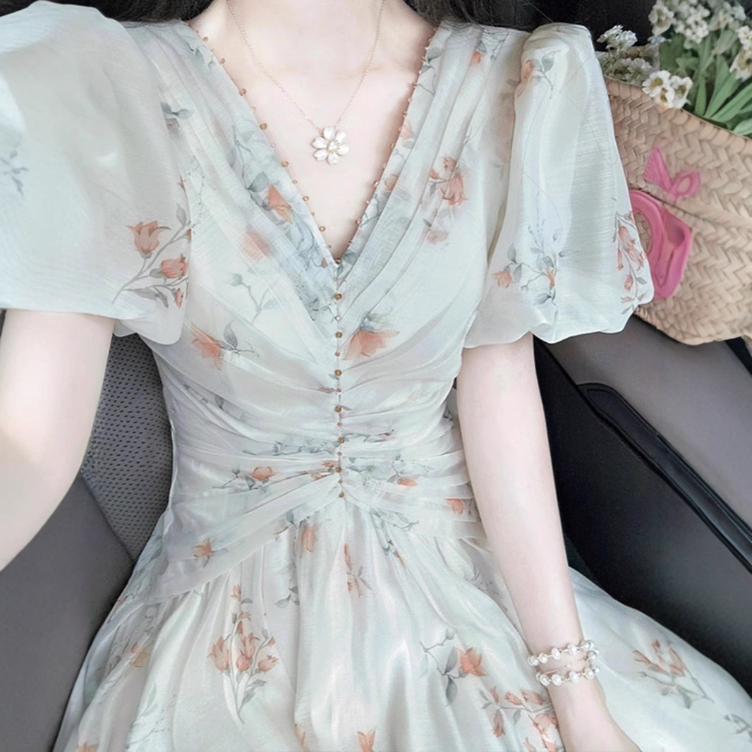 Váy liền hoa cổ chữ V tay bồng dáng dài mùa hè — Màu xanh lục nhạt