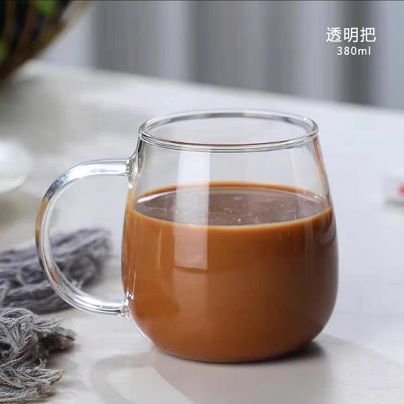 Copo de vidro borossilicato de alta qualidade para uso doméstico, com alça transparente na cor café, ideal para chá verde ou sucos, café da manhã ou leite._voghion.com