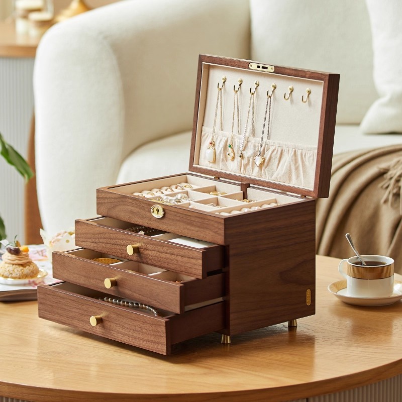 Visual Jewelry Box Wooden Earrings Earrings Necklace Ring Hand Jewelry Storage Box Multi-Layer Lockable Exquisite Jewelry Box