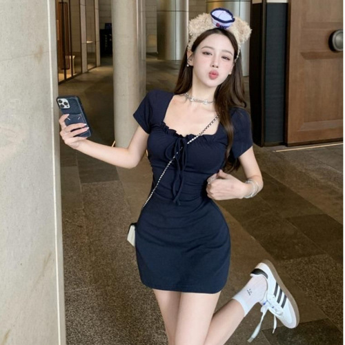 Summer new style navy blue square collar temperament short-sleeved dress waist slim skirt slim French skirt hot girl