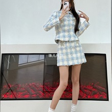 格子毛呢外套小个子两件套蝴蝶结冬钉长袖半钻裙套装翻领