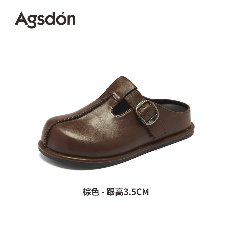 Augu Shi Deng grueso con suela pequeña piel Bocken zapatos de cabeza de medio trapezo para mujeres 2026 nuevos zapatos marrones de primavera británicos de un solo pie