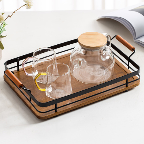 Tea tray household simple iron handle tray restaurant hotel tea set tray rectangular European style bamboo wooden tray
