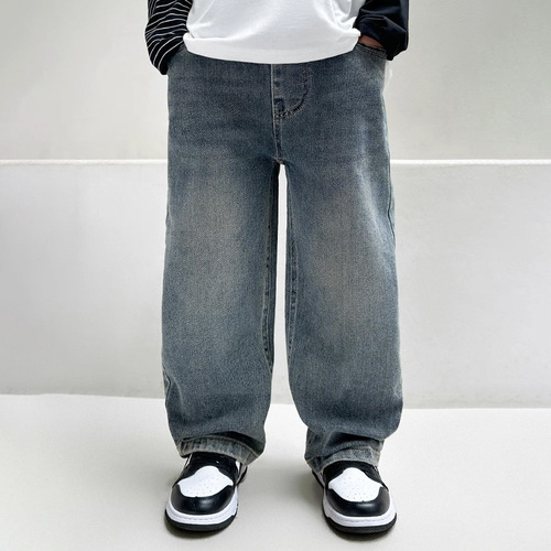 Children's denim pants for boys, long straight-leg pants with lining, pure color sporty wide-leg pants, warm-lined for warmth