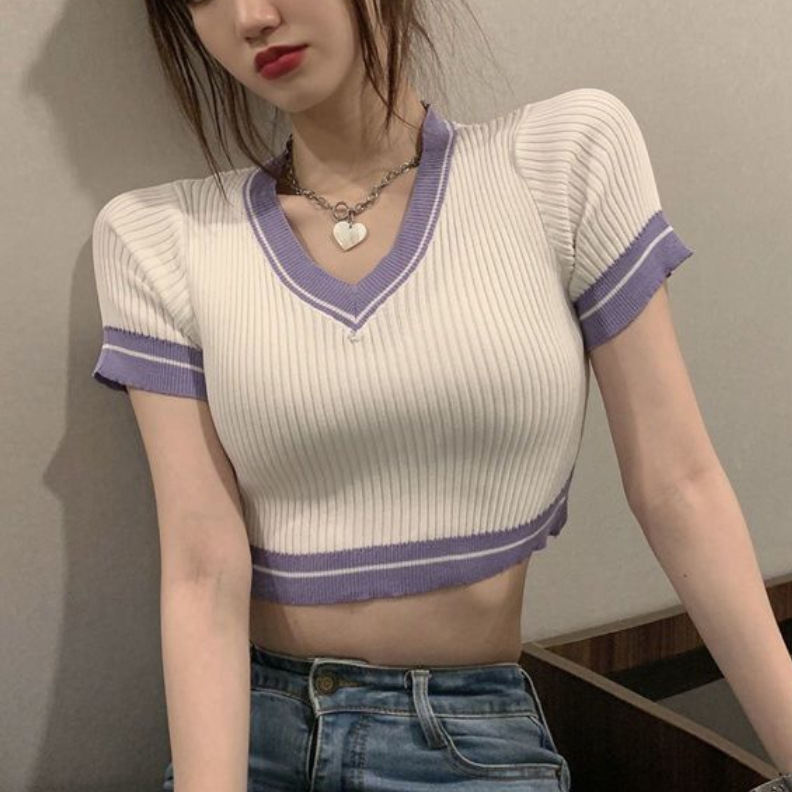 Daily, Street Occasion V Neck Neckline Wholesale Women's Sexy Color Block Short Sleeve Blouses