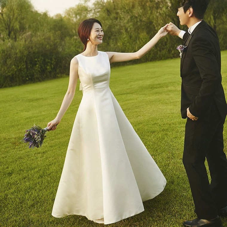 Long white wedding dress for bride, open shoulders