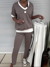 跨境欧美2025秋季新款亚马逊时尚V领短袖上衣拼色长裤运动套装女