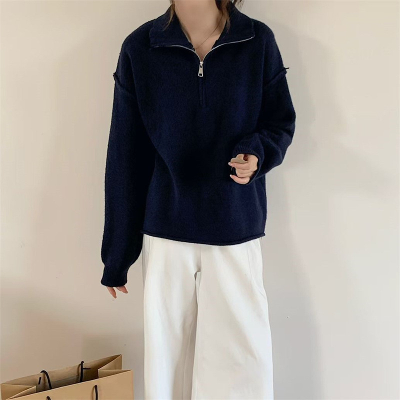 欧美跨境半拉链套头毛衣女秋冬新款宽松慵懒风休闲立领针织衫上衣|undefined