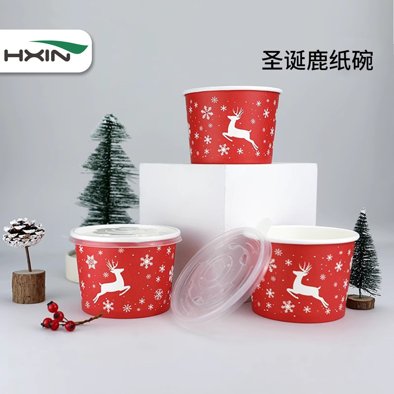 New Year Disposable Paper Bowl Round Thickened Red Festive Christmas Soup Bowl Take-away Packing Fast Food Lunch Box Porridge Bowl