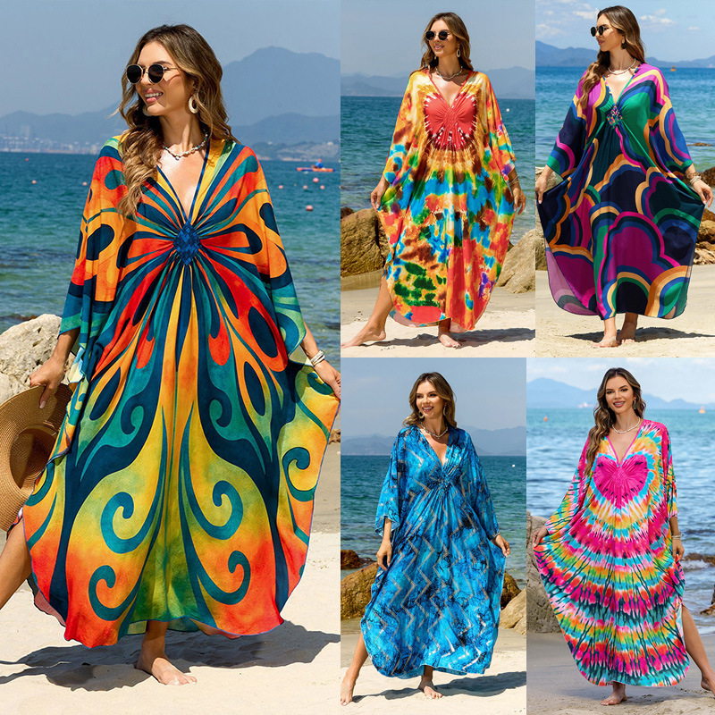 Cross-Border European and American Rayon Printed Vacation Beach Dress Long Dress for Women Loose Plus Size Long Dress Bikini Cover-Up