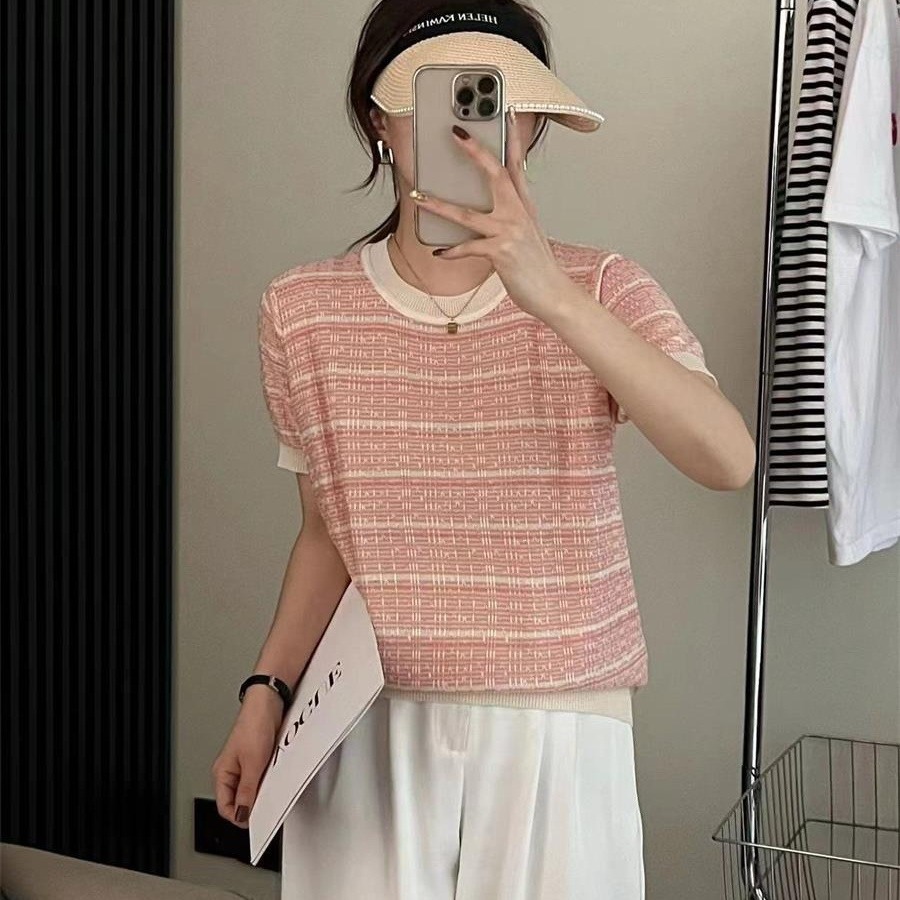 yms023 Summer Turtleneck Knit Women's Thin Short Sleeve Base Shirt Sweet Pink Striped Top