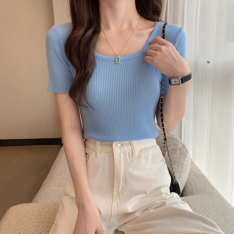 Ice Silk Short-sleeved T-shirt Women's Spring and Summer New Slim-fit Thin Square Collar Base Knit Sweater Women's Short Top Instagram Style Trendy