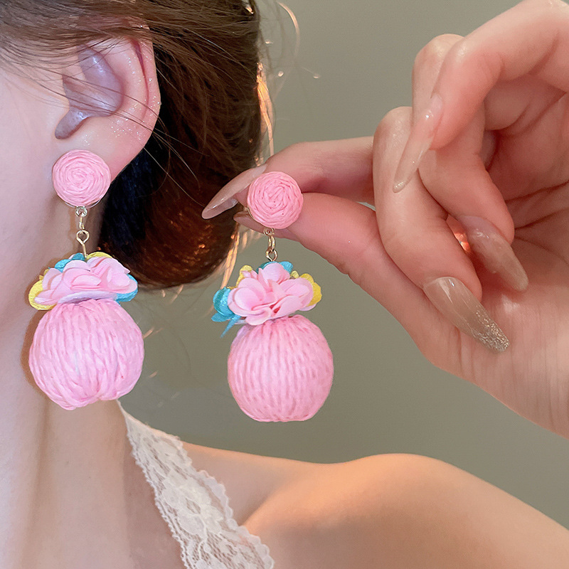 Pendientes de borla de cristal de hilo de malla de pétalo de aguja de plata Pendientes de estilo de vacaciones de playa dulce rosa Pendientes de moda de temperamento Mujer