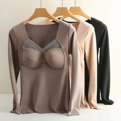 3893 Thermal long-sleeved 3901 Underwear Women's Large Size Bottoming Brushed V-neck Fixed Cup French Thermal Underwear Large Size