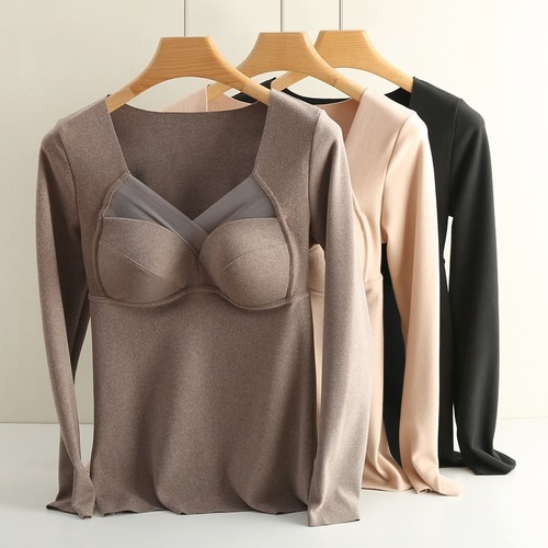 3901# Large size V-neck thermal underwear long-sleeved women's bottoming French fixed cup hair hot German velvet thermal vest