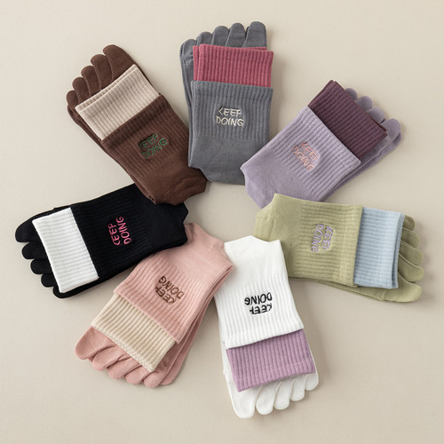 Women's five-finger socks, double-layered, ribbed, color-blocked mid-calf socks, anti-odor, sweat-absorbent, sports tabi socks, spring and autumn toe stockings, cotton