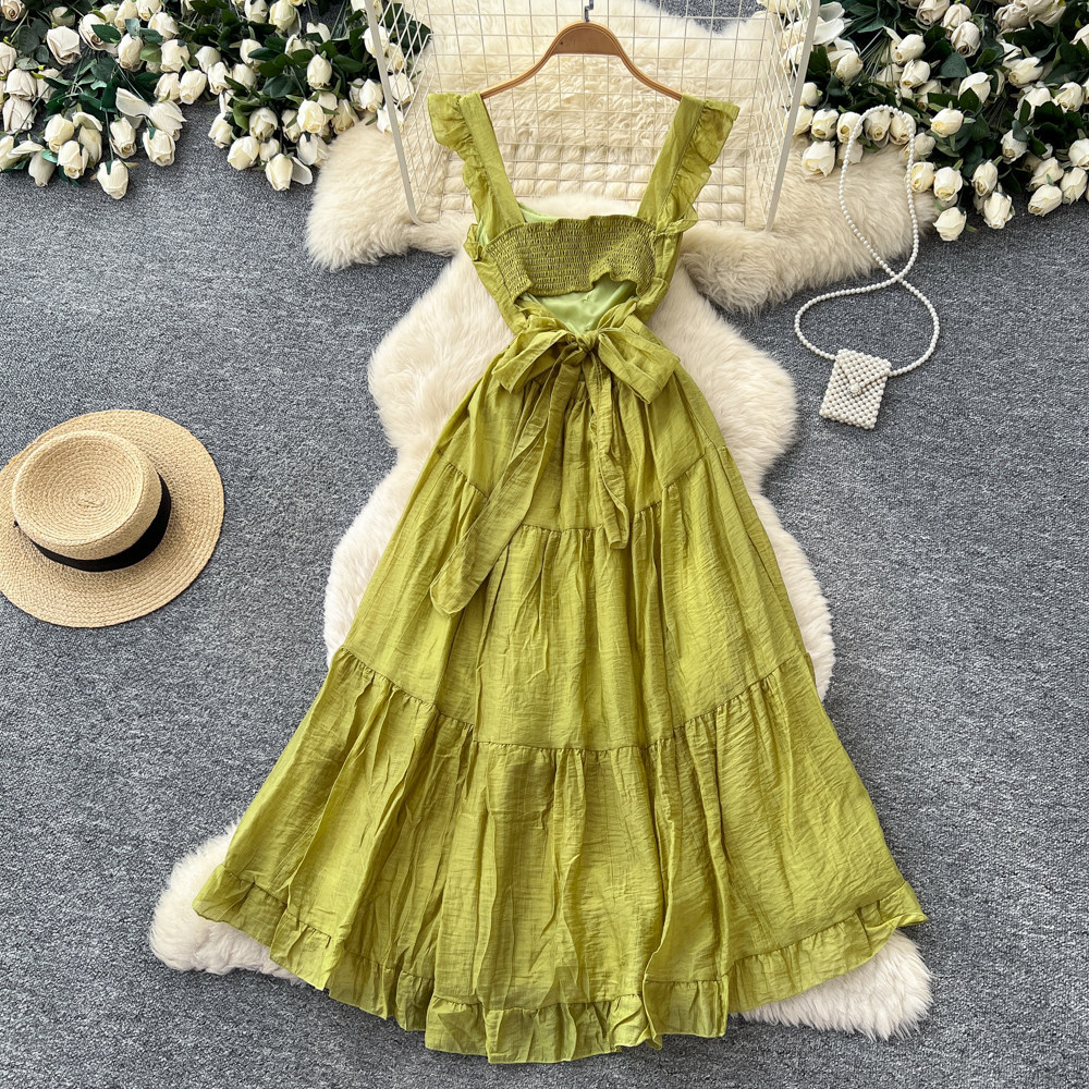 Women's Romantic Style Sleeveless Dress Playful Suspender Tie Waist Slimming A-Line Skirt For Summer Vacation_ecoleips.com