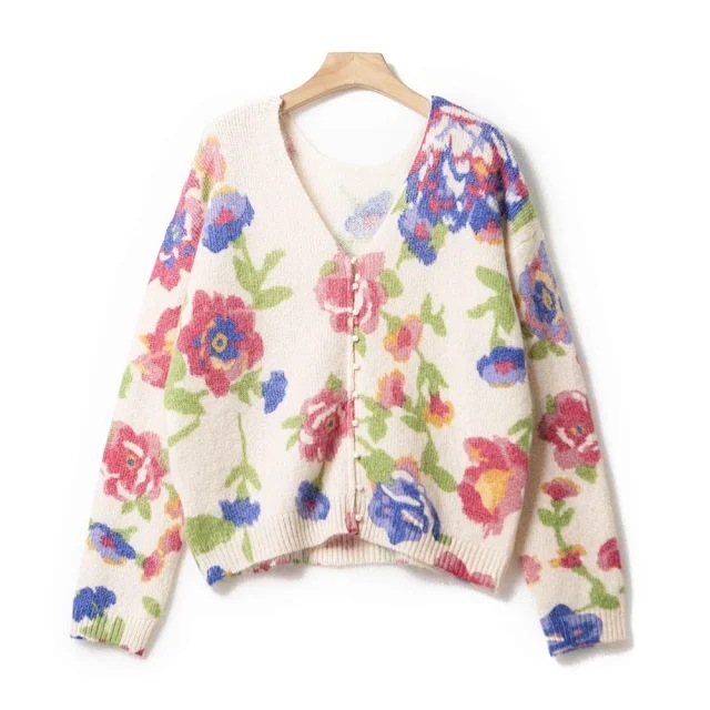 Reversible 2-Sided Pearl Button Watercolor Oil Painting Cardigan Personalized Commuter Sweater Cardigan Fashionable Elegant Long Sleeves