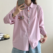 春秋美式复古学院风创意趣味卡通刺绣休闲长袖衬衫女衬衣刺绣