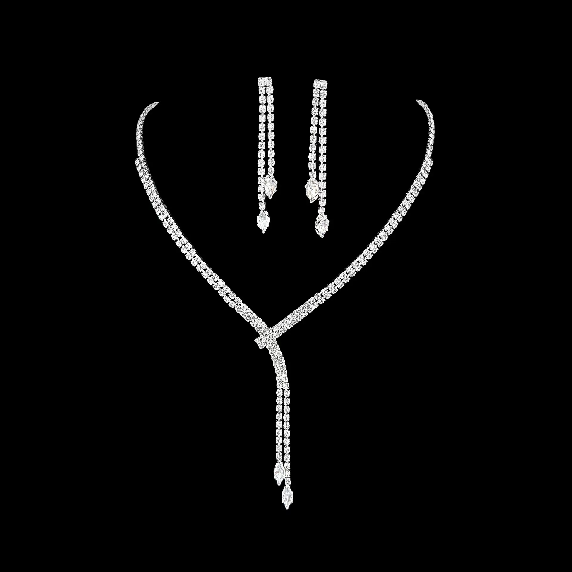 跨境奢华套装首饰耳环项链2件套女时尚简约Y型锆石锁骨链流苏耳钉