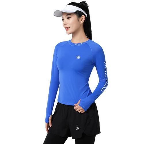 Autumn casual trendy round neck ice silk quick-drying high-elastic solid color letter long-sleeved T-shirt slim sportswear top for women