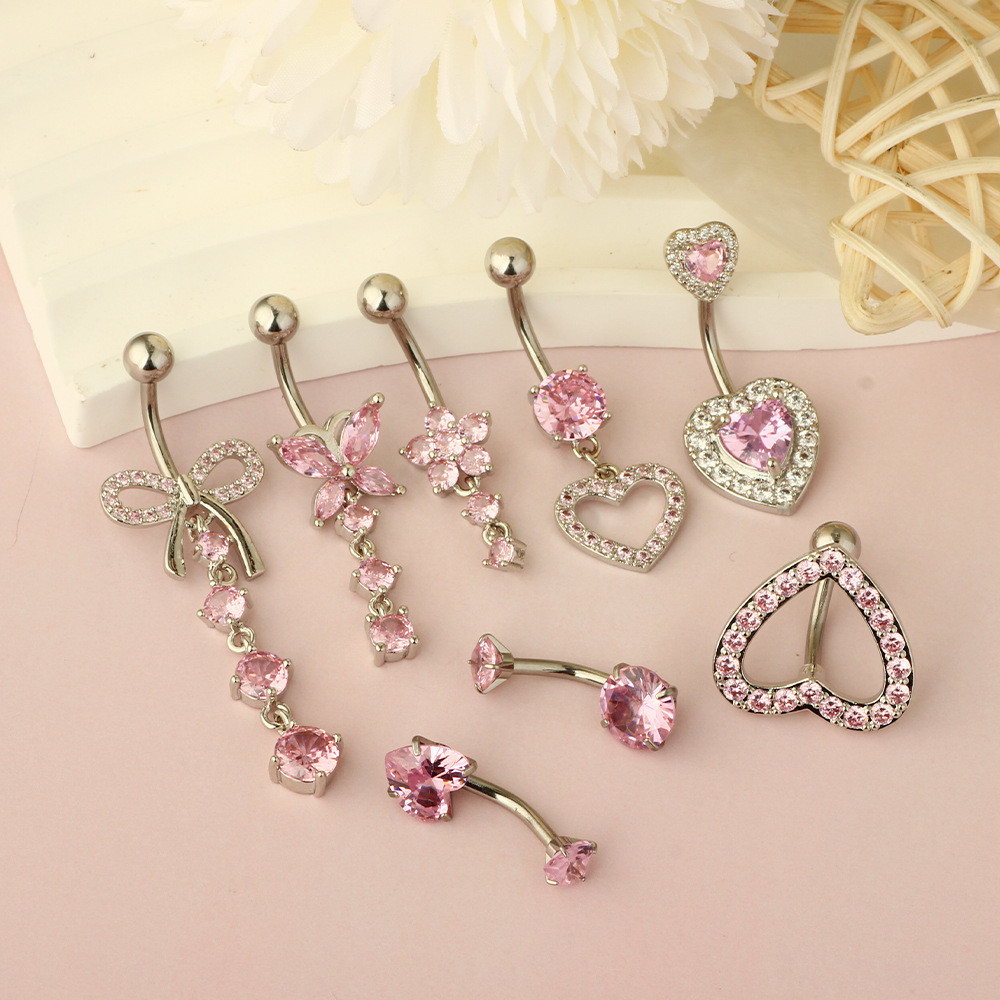 Heart Shape Pattern Women's Gender 1 Piece 316L Stainless Steel Zircon Belly Rings Heart Shape Waterproof Non Tarnish Surgical Steel Women's