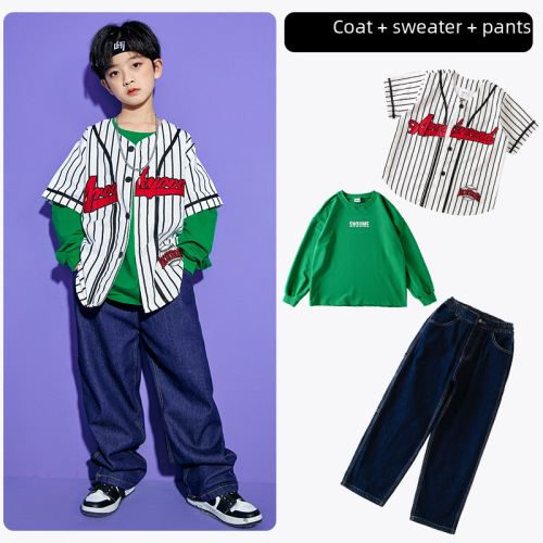 Boys' Street Dance Trendy Outfit Children's Street Dance Set Kids' Street Dance Costume Hip Hop Performance Suit Baseball Sweatshirt Unisex