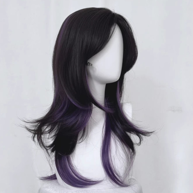 Xuchang Xianxin Women's Full Wig, Black and Purple Highlights, Middle Parting, Wolf Tail Mullet Style, Natural and Versatile Full Wig Xuchang Xianxin Women's Full Wig, Black and Purple Highlights, Middle Parting, Wolf Tail Mullet Style, Natural and Versatile Full Wig