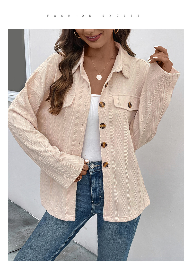early autumn thin solid color shirt knitted texture shirt jacket button lapel blouse_voghion.com