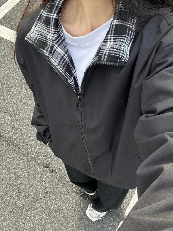 跨境男士格子双面秋季夹克新款百搭潮牌美式立领外套宽松休闲情侣|undefined