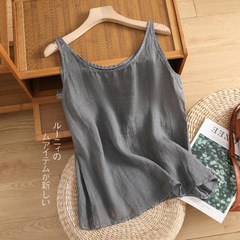 露肩背心女純色棉麻上衣女夏季2024薄新款簡約內搭寬鬆無袖打底衫