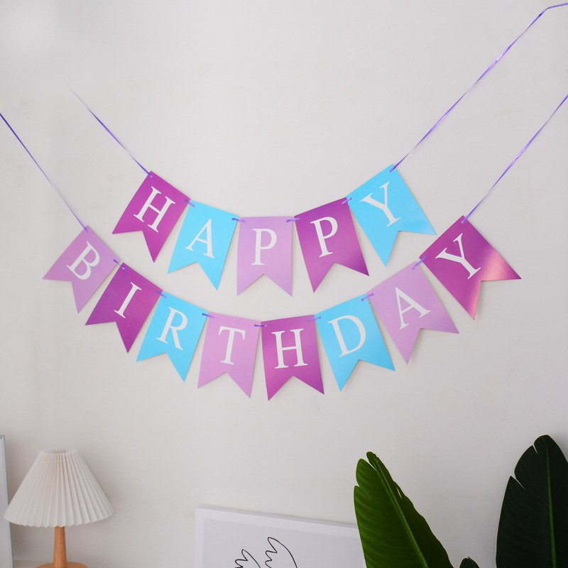 Papel de cumpleaños inglés dorado superficie brillante cola de pez tire bandera Feliz cumpleaños carta colorida bandera accesorios de decoración de fiesta