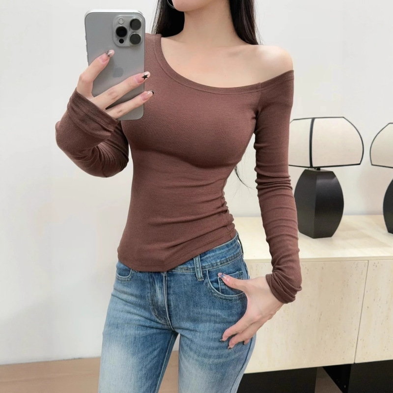 Pure Desire Sexy Slant Neck Off-Shoulder Long Sleeve T-Shirt Autumn New Sweet Hot Girl Slim Fit Easiest for Match Casual Bottoming Shirt for Women Pure Desire Sexy Slant Neck Off-Shoulder Long Sleeve T-Shirt Autumn New Sweet Hot Girl Slim Fit Easiest for Match Casual Bottoming Shirt for Women