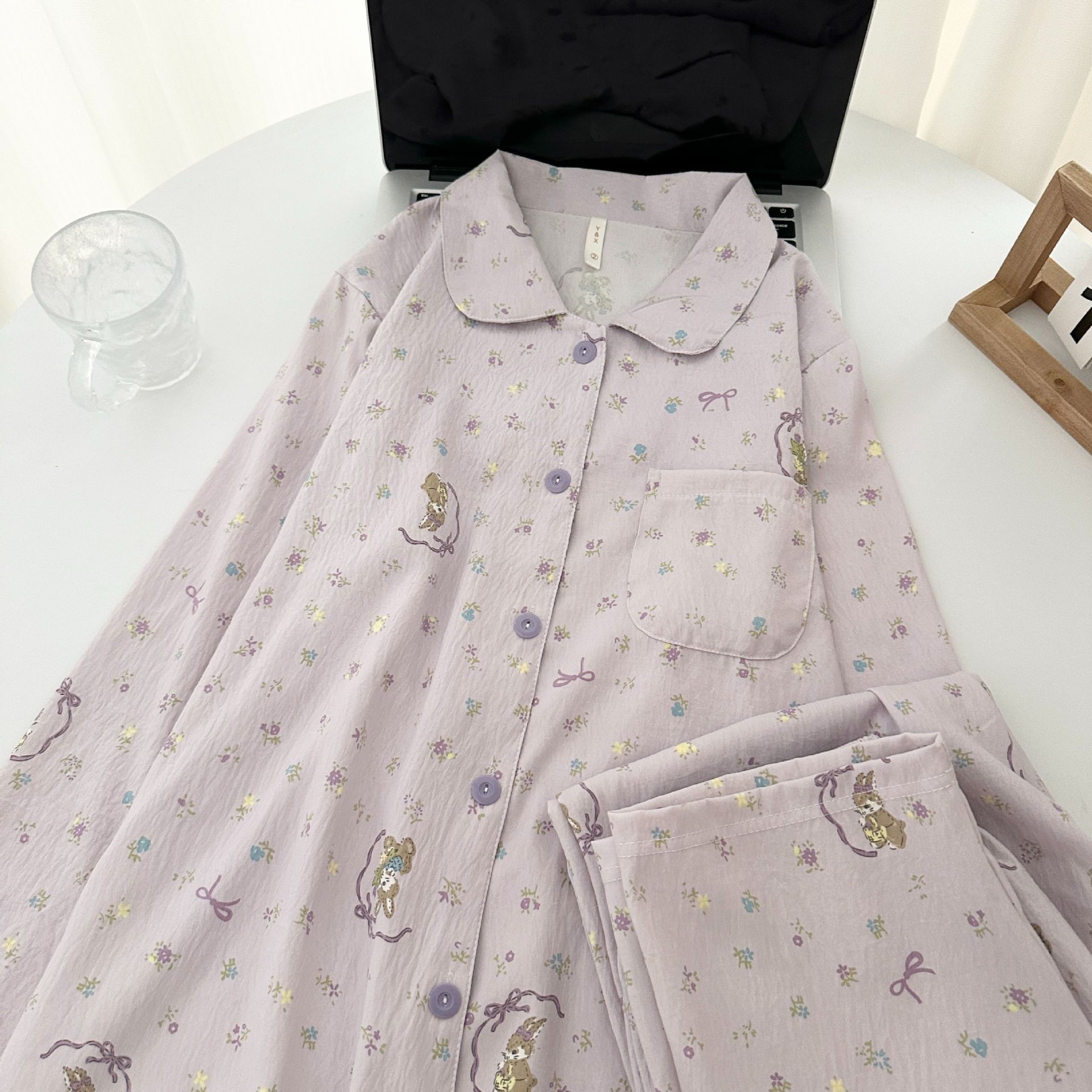 Al por mayor transfronterizo nubes de algodón niebla púrpura conejo pijama mujer primavera y otoño pantalones de mangas largas niñas de alta calidad conjunto de ropa para el hogar
